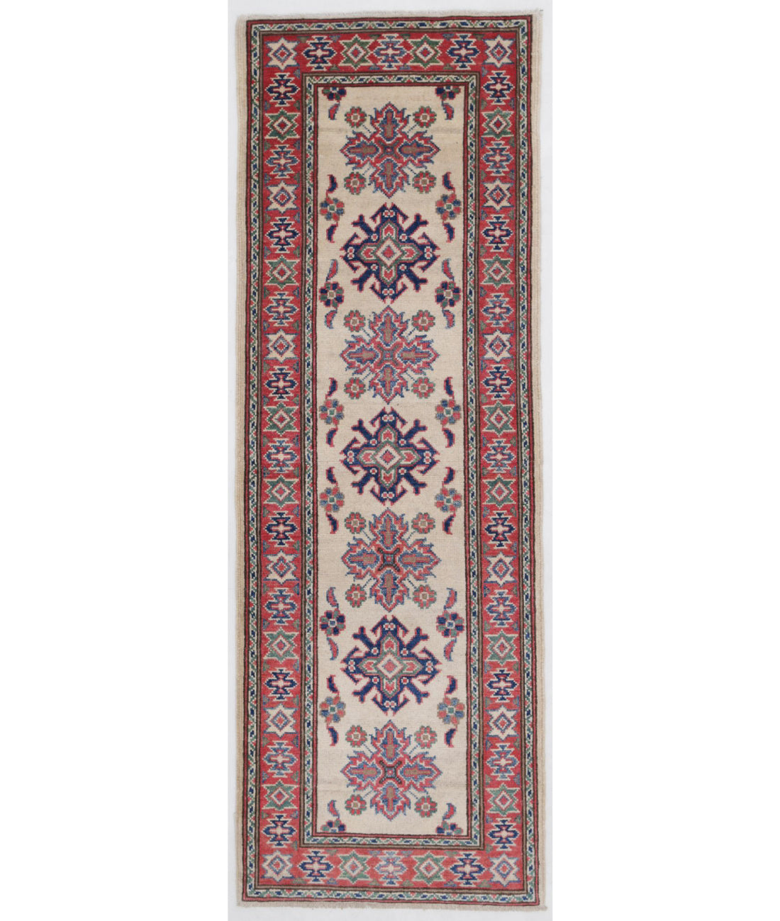 Kazak 2'0'' X 6'2'' Hand-Knotted Wool Rug 2'0'' x 6'2'' (60 X 185) / Ivory / Red