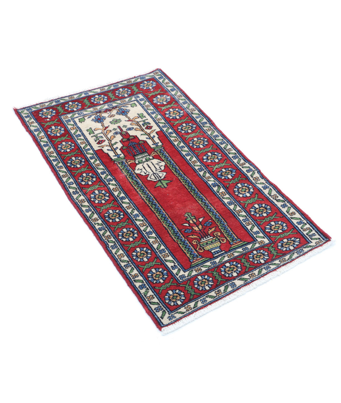 Hamadan 1'10'' X 3'1'' Hand-Knotted Wool Rug 1'10'' x 3'1'' (90 X 90) / Red / Ivory