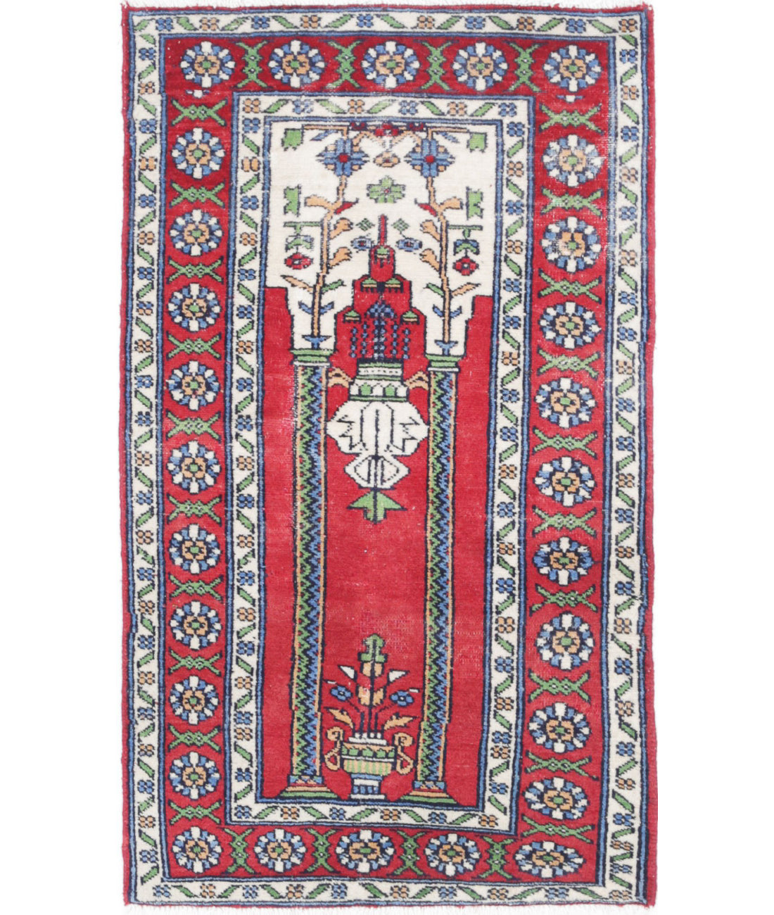 Hamadan 1'10'' X 3'1'' Hand-Knotted Wool Rug 1'10'' x 3'1'' (90 X 90) / Red / Ivory