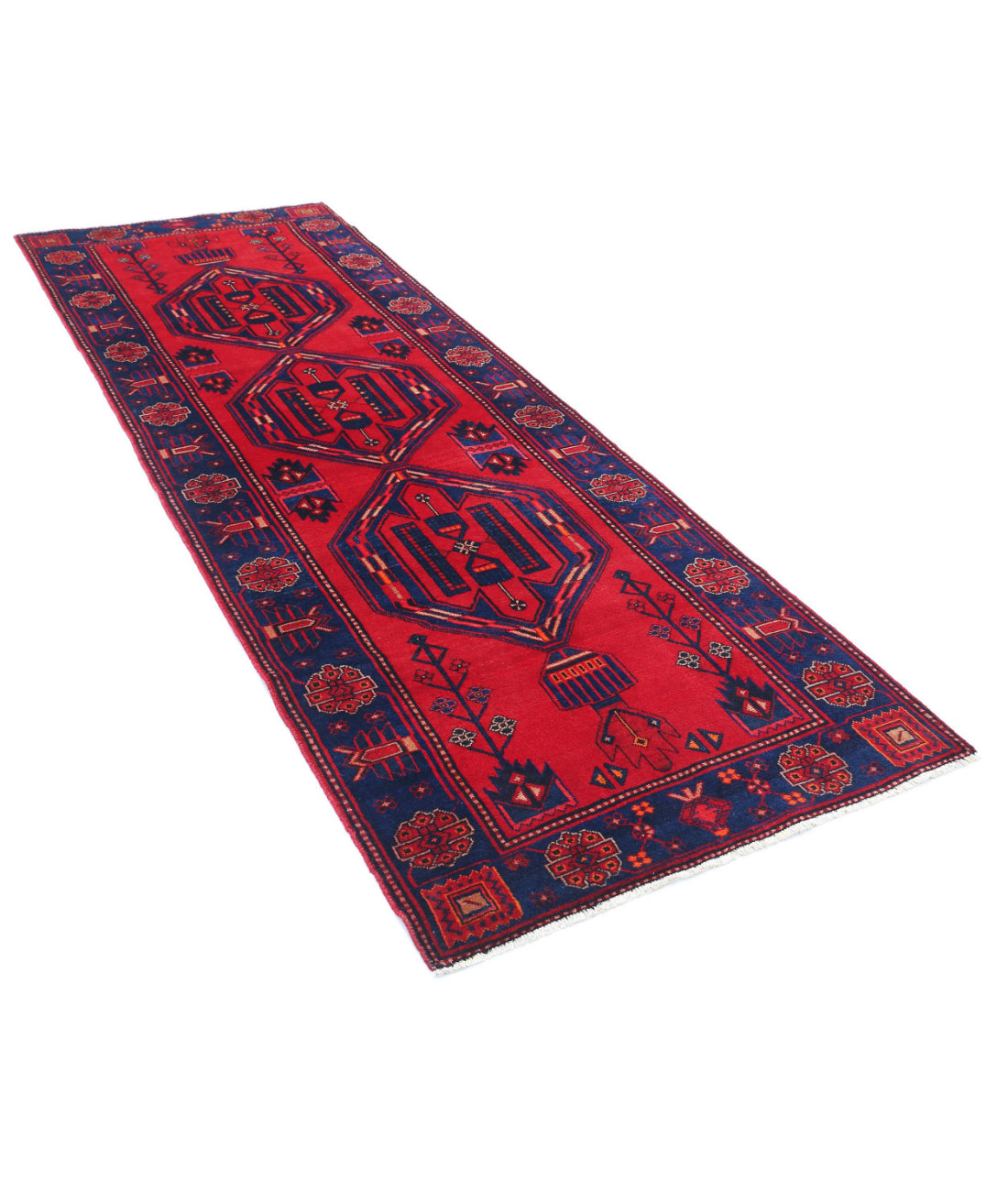 Hamadan 3'6'' X 9'8'' Hand-Knotted Wool Rug 3'6'' x 9'8'' (105 X 290) / Red / Blue