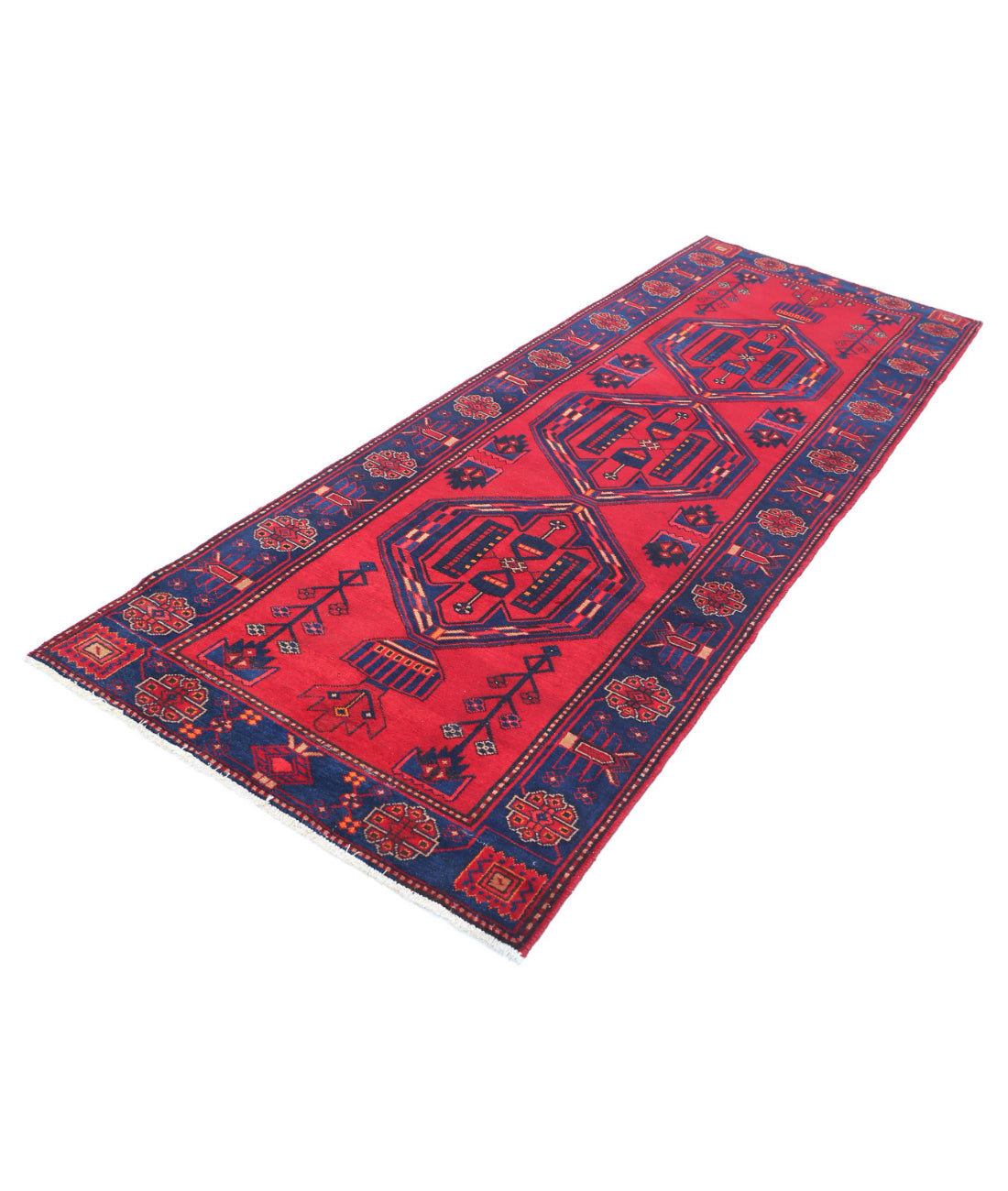 Hamadan 3'6'' X 9'8'' Hand-Knotted Wool Rug 3'6'' x 9'8'' (105 X 290) / Red / Blue