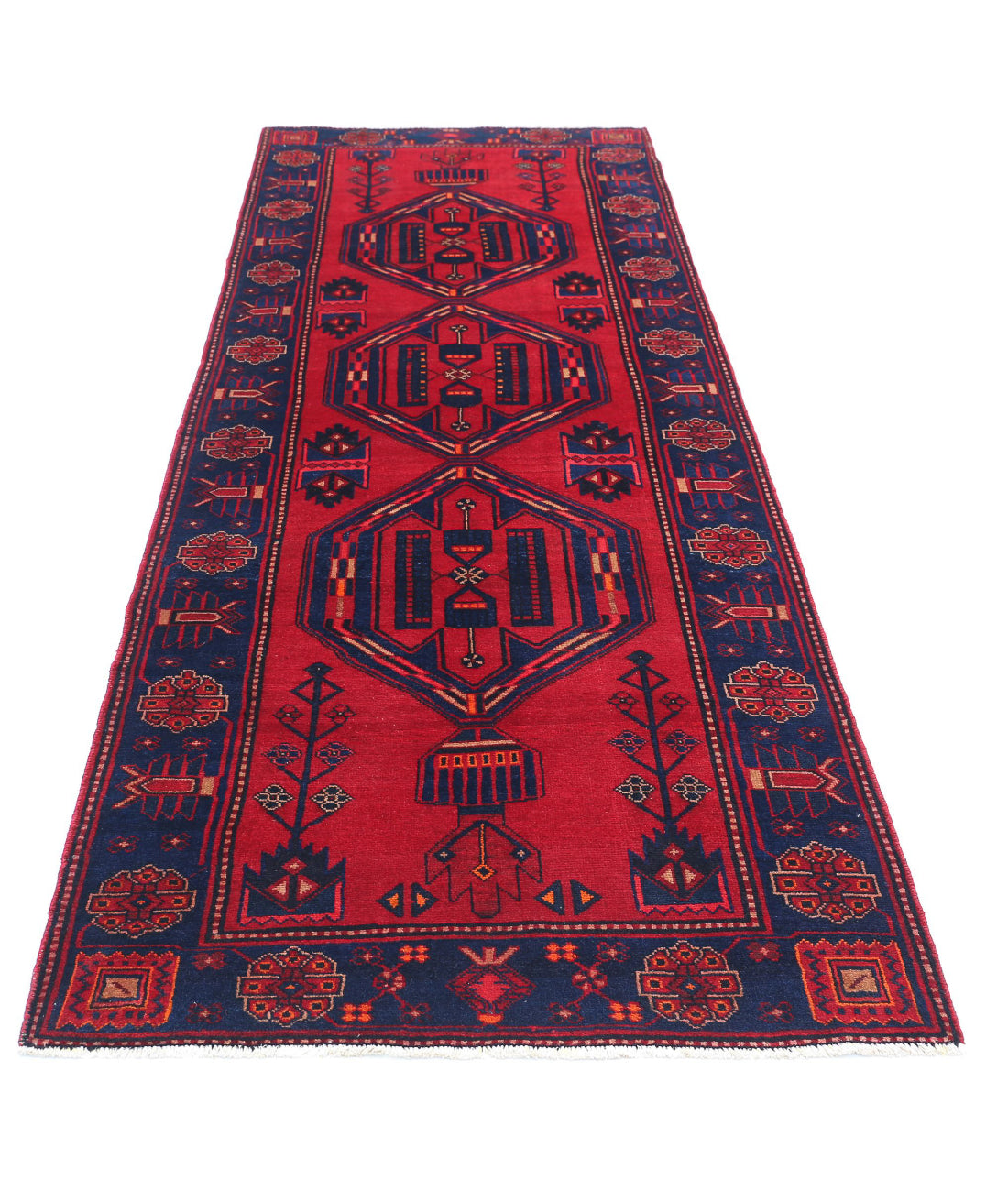 Hamadan 3'6'' X 9'8'' Hand-Knotted Wool Rug 3'6'' x 9'8'' (105 X 290) / Red / Blue