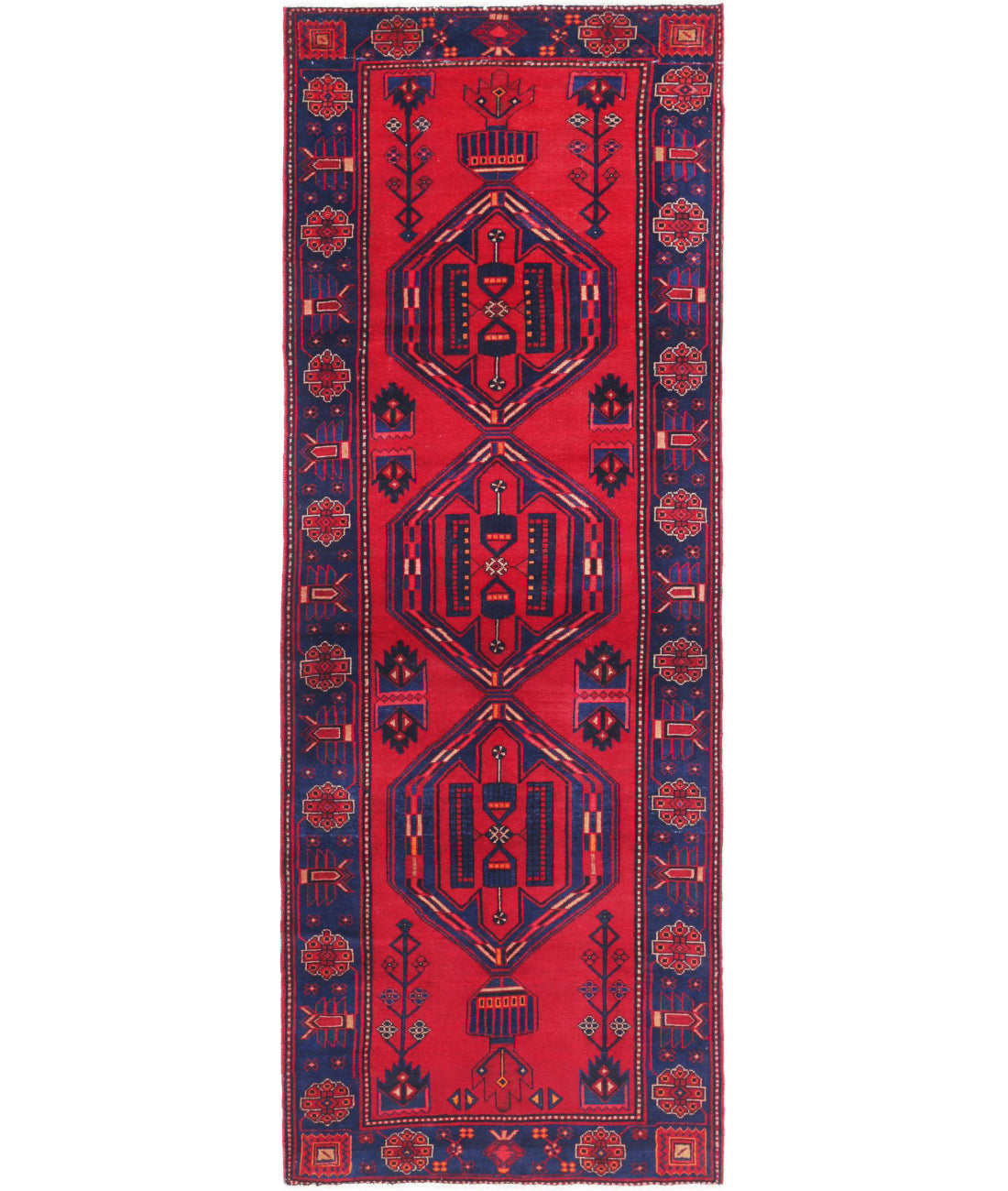 Hamadan 3'6'' X 9'8'' Hand-Knotted Wool Rug 3'6'' x 9'8'' (105 X 290) / Red / Blue