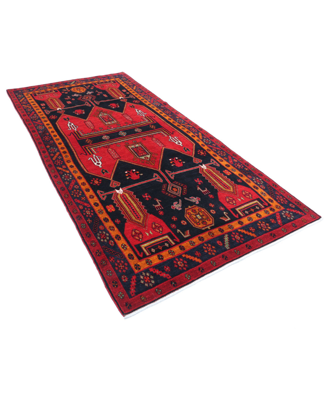 Hamadan 4'9'' X 9'7'' Hand-Knotted Wool Rug 4'9'' x 9'7'' (143 X 288) / Red / Blue