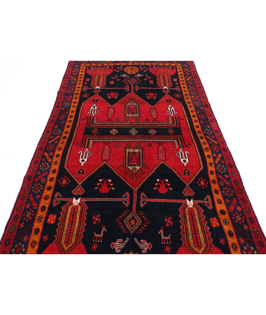 Hamadan 4'9'' X 9'7'' Hand-Knotted Wool Rug 4'9'' x 9'7'' (143 X 288) / Red / Blue