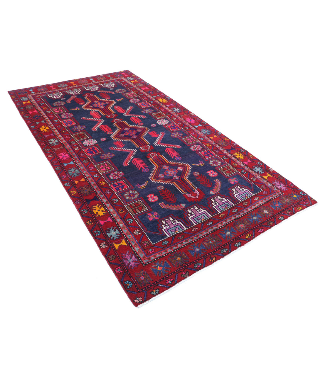 Hamadan 4'10'' X 8'10'' Hand-Knotted Wool Rug 4'10'' x 8'10'' (145 X 265) / Blue / Red