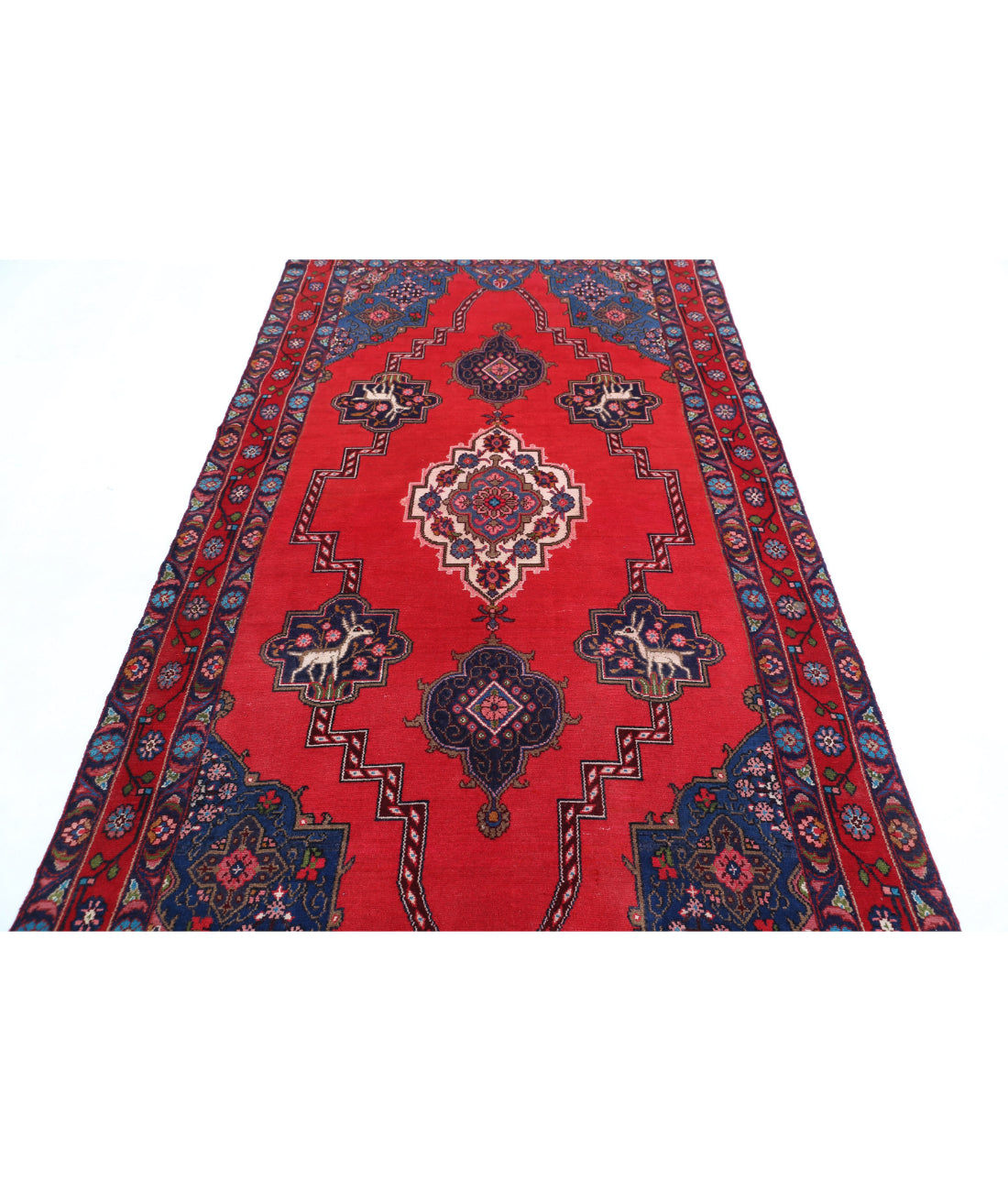 Hamadan 4'10'' X 9'0'' Hand-Knotted Wool Rug 4'10'' x 9'0'' (145 X 270) / Red / Blue