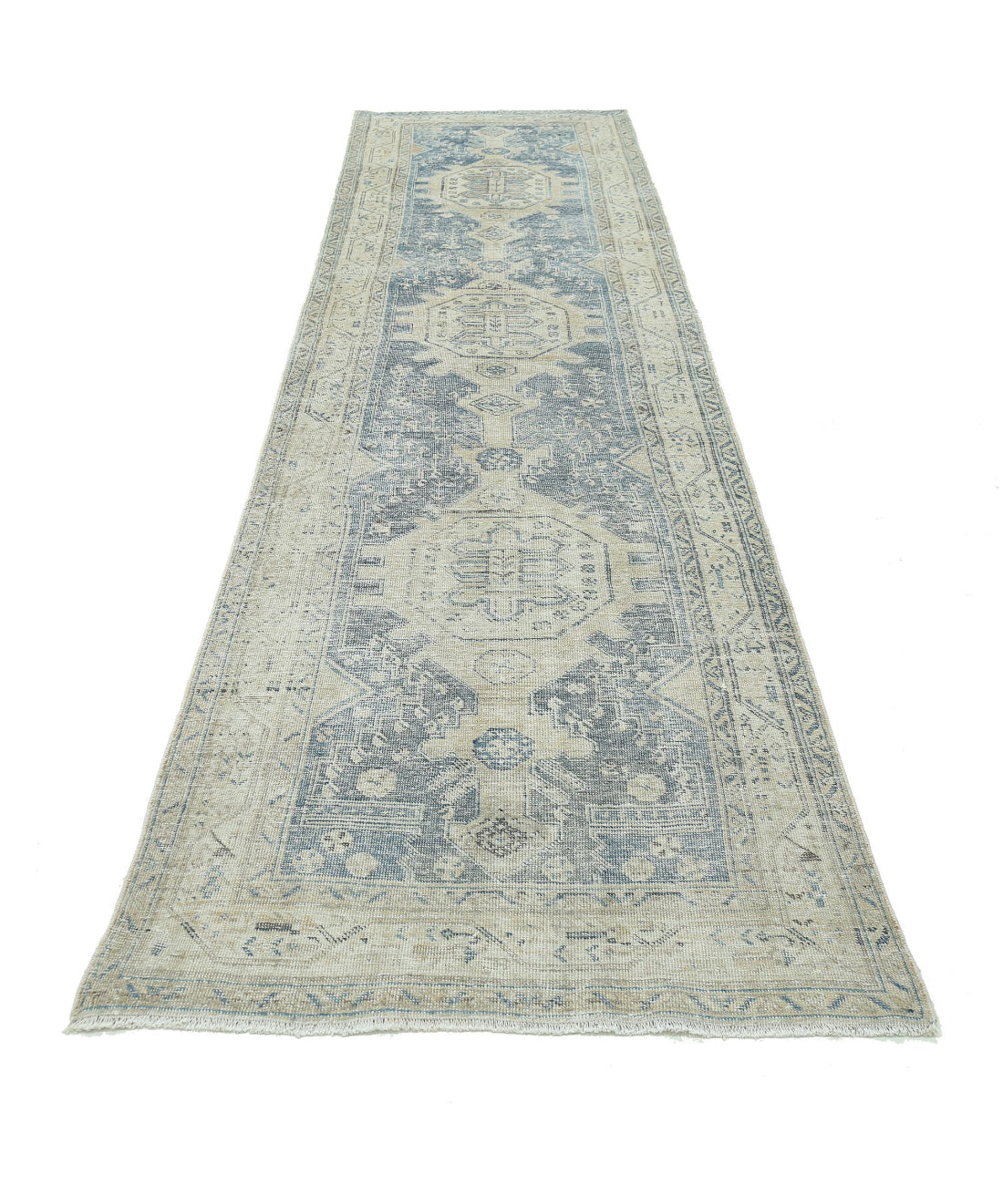 Vintage 3'5'' X 13'5'' Hand-Knotted Wool Rug 3'5'' x 13'5'' (103 X 403) / Blue / Ivory