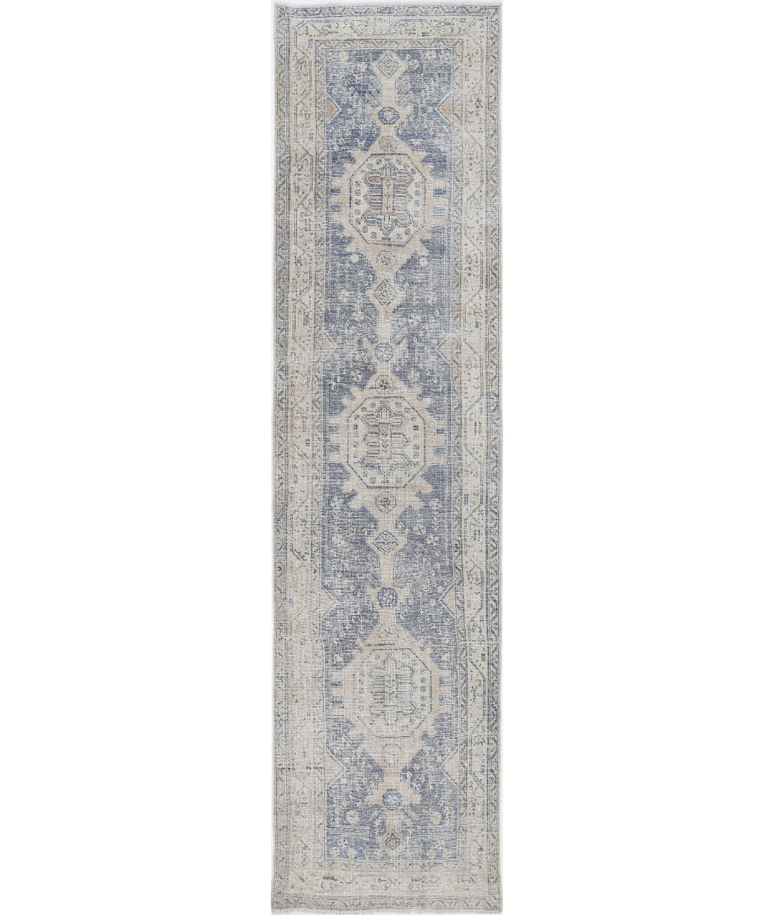 Vintage 3'5'' X 13'5'' Hand-Knotted Wool Rug 3'5'' x 13'5'' (103 X 403) / Blue / Ivory