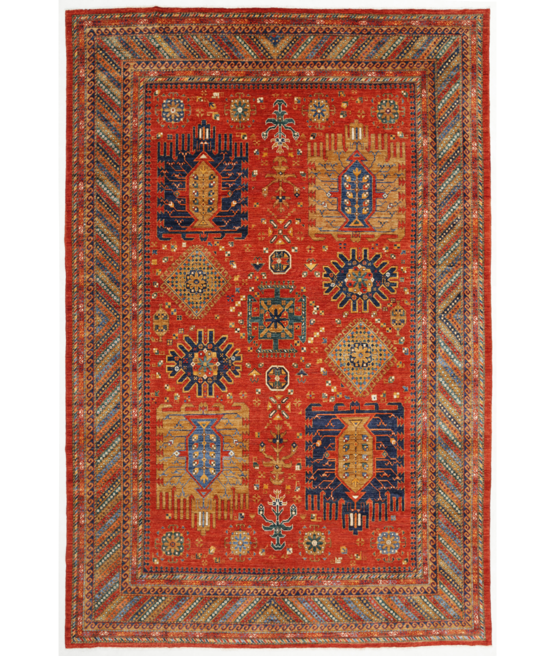 Hand Knotted Nomadic Caucasian Humna Wool Rug - 9'6'' x 14'0'' 9' 6" X 14' 0" ( 290 X 427 ) / Rust / Multi