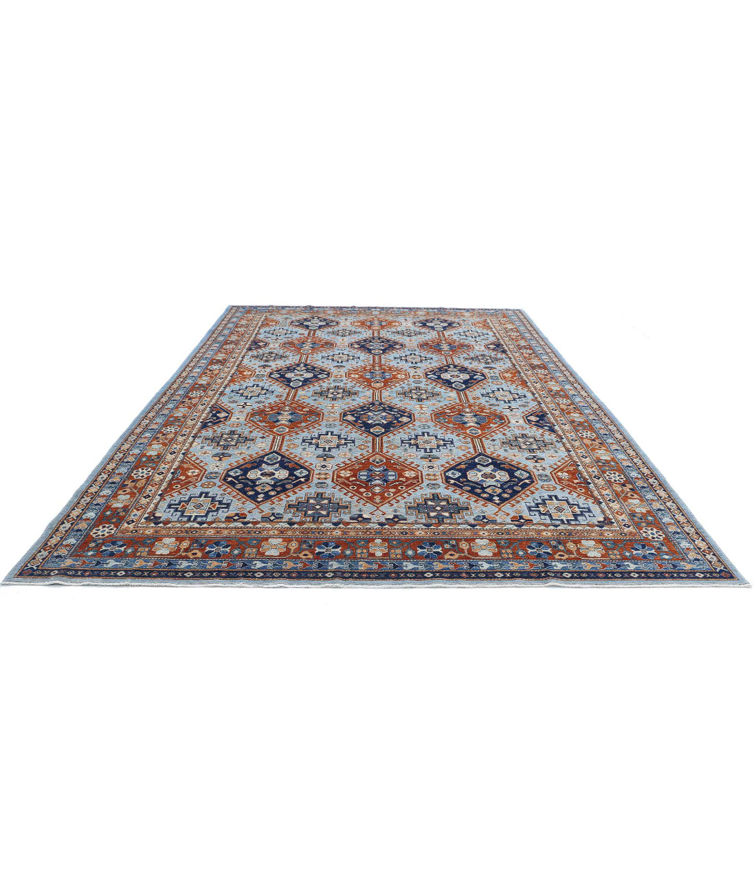 Humna 9'0'' X 12'7'' Hand-Knotted Wool Rug 9'0'' x 12'7'' (270 X 378) / Blue / Rust