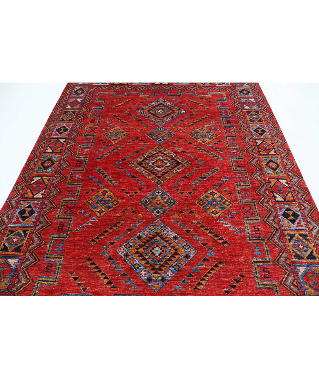 Humna 6'6'' X 8'7'' Hand-Knotted Wool Rug 6'6'' x 8'7'' (195 X 258) / Red / Blue