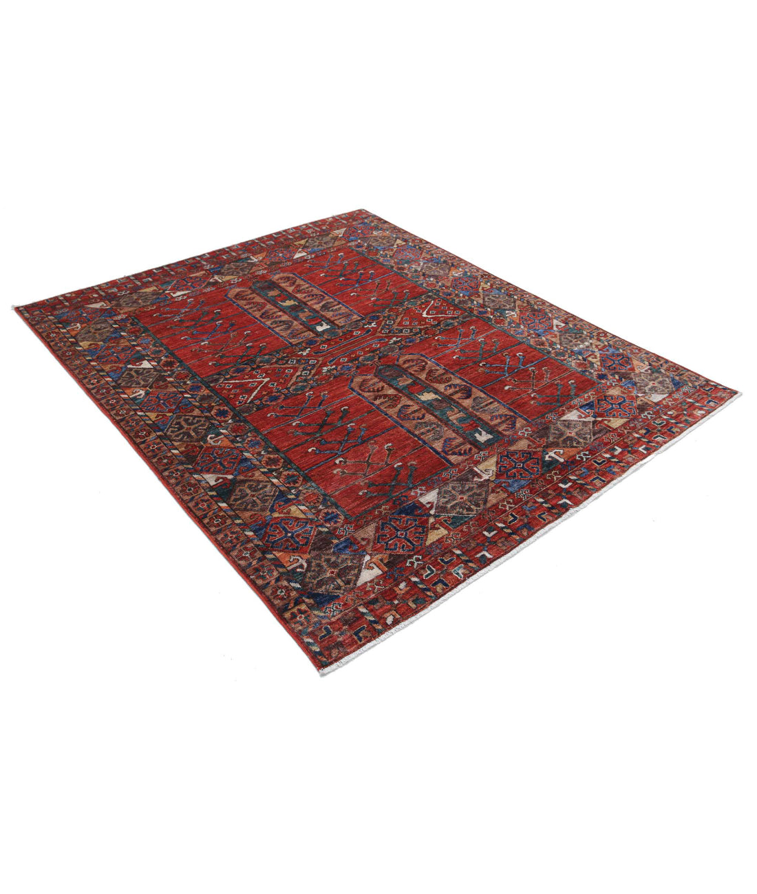 Humna 5'5'' X 6'8'' Hand-Knotted Wool Rug 5'5'' x 6'8'' (163 X 200) / Red / Blue