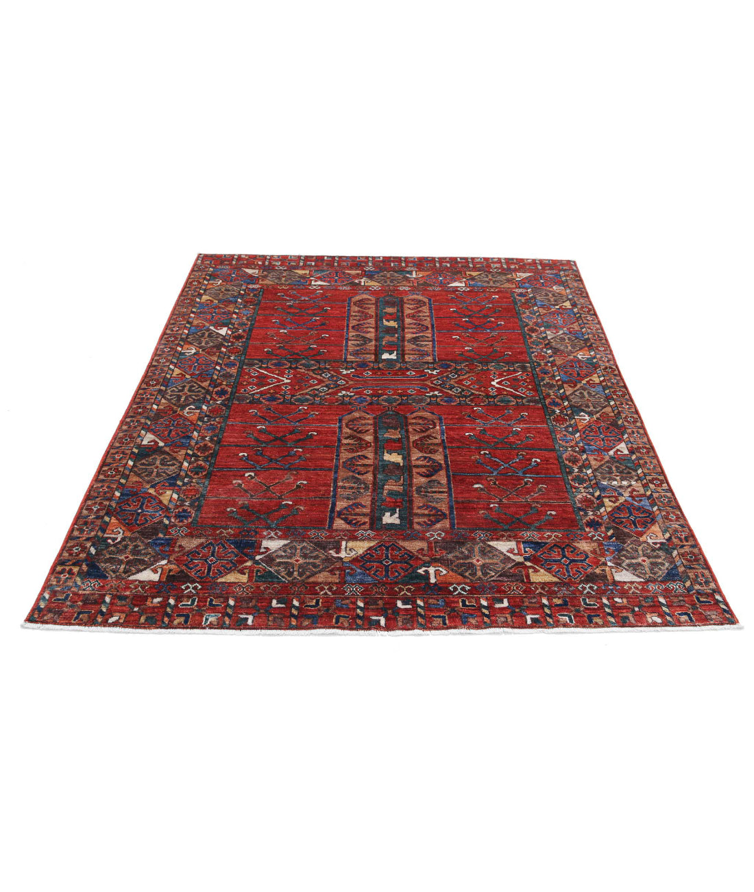 Humna 5'5'' X 6'8'' Hand-Knotted Wool Rug 5'5'' x 6'8'' (163 X 200) / Red / Blue