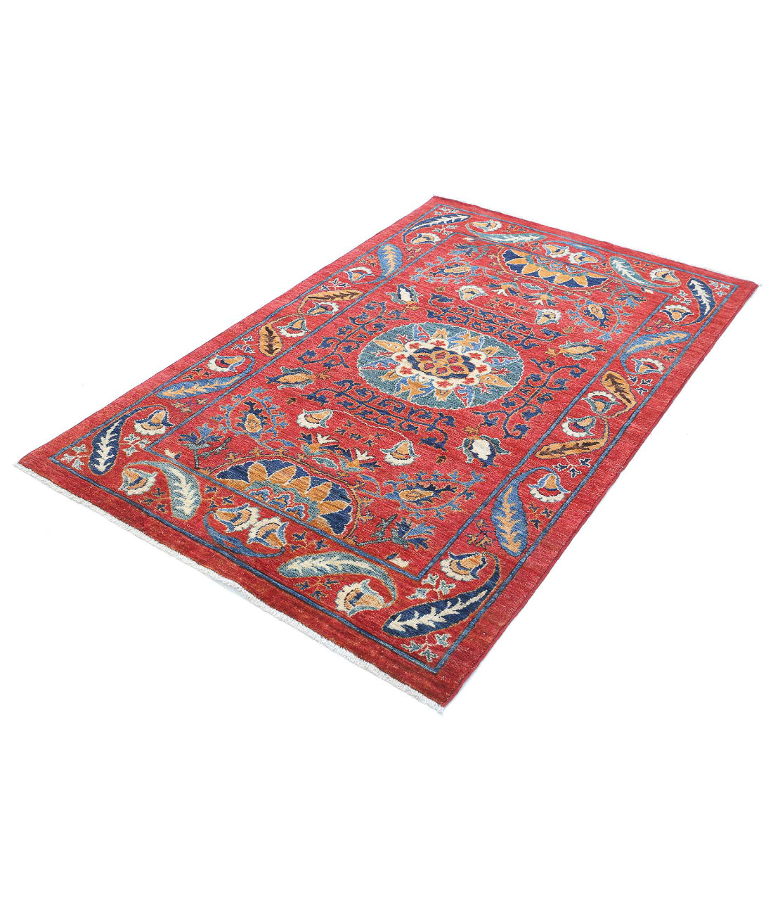 Humna 3'11'' X 6'3'' Hand-Knotted Wool Rug 3'11'' x 6'3'' (118 X 188) / Red / Blue