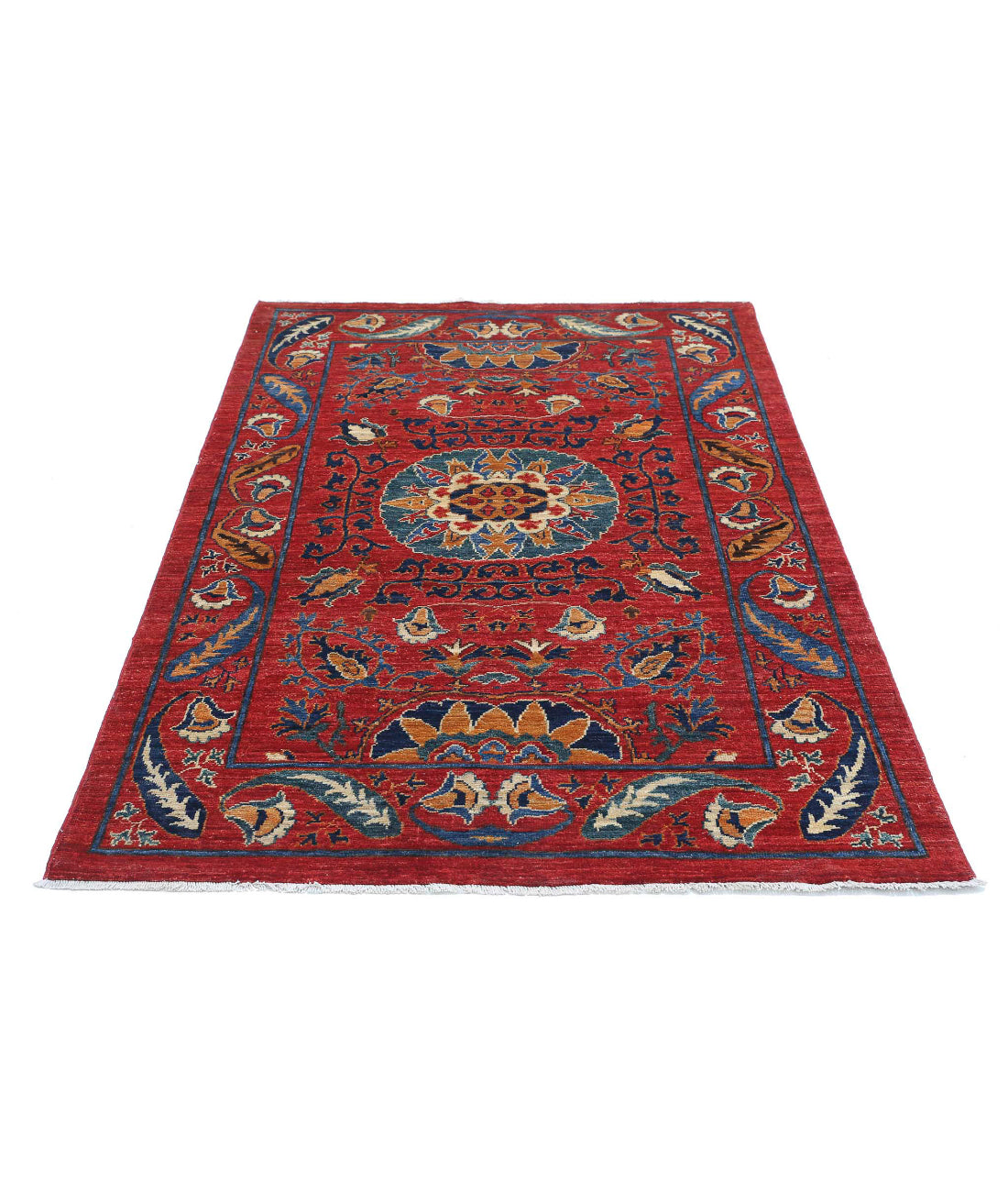 Humna 3'11'' X 6'3'' Hand-Knotted Wool Rug 3'11'' x 6'3'' (118 X 188) / Red / Blue