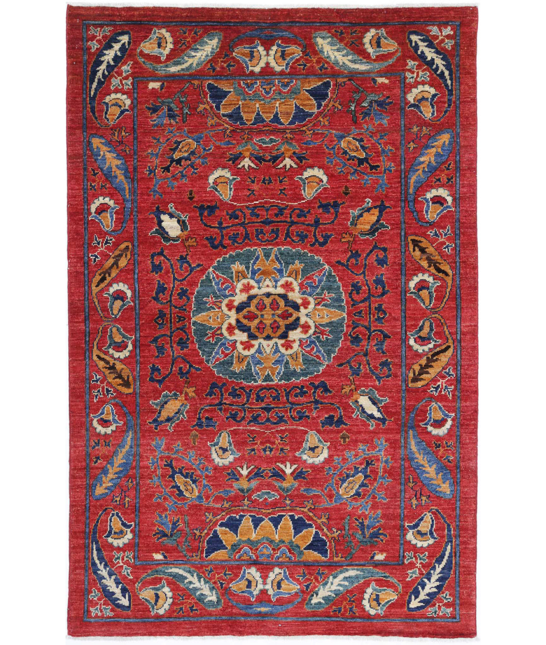 Humna 3'11'' X 6'3'' Hand-Knotted Wool Rug 3'11'' x 6'3'' (118 X 188) / Red / Blue