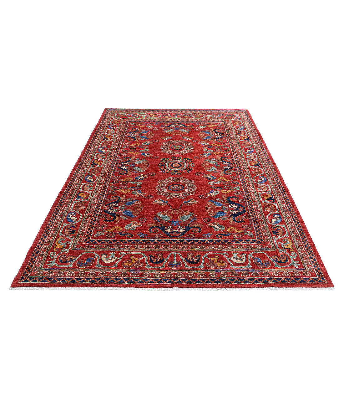 Humna 5'9'' X 8'8'' Hand-Knotted Wool Rug 5'9'' x 8'8'' (173 X 260) / Red / Blue