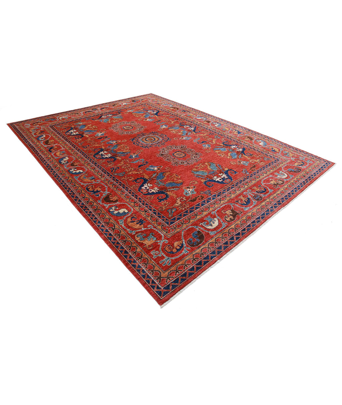 Humna 9'0'' X 11'9'' Hand-Knotted Wool Rug 9'0'' x 11'9'' (270 X 353) / Red / Blue