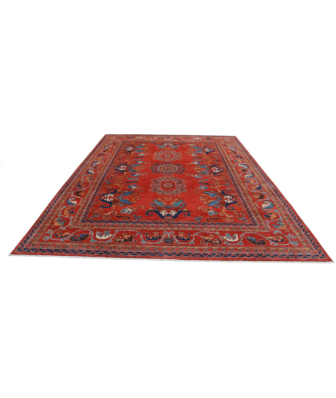 Humna 9'0'' X 11'9'' Hand-Knotted Wool Rug 9'0'' x 11'9'' (270 X 353) / Red / Blue