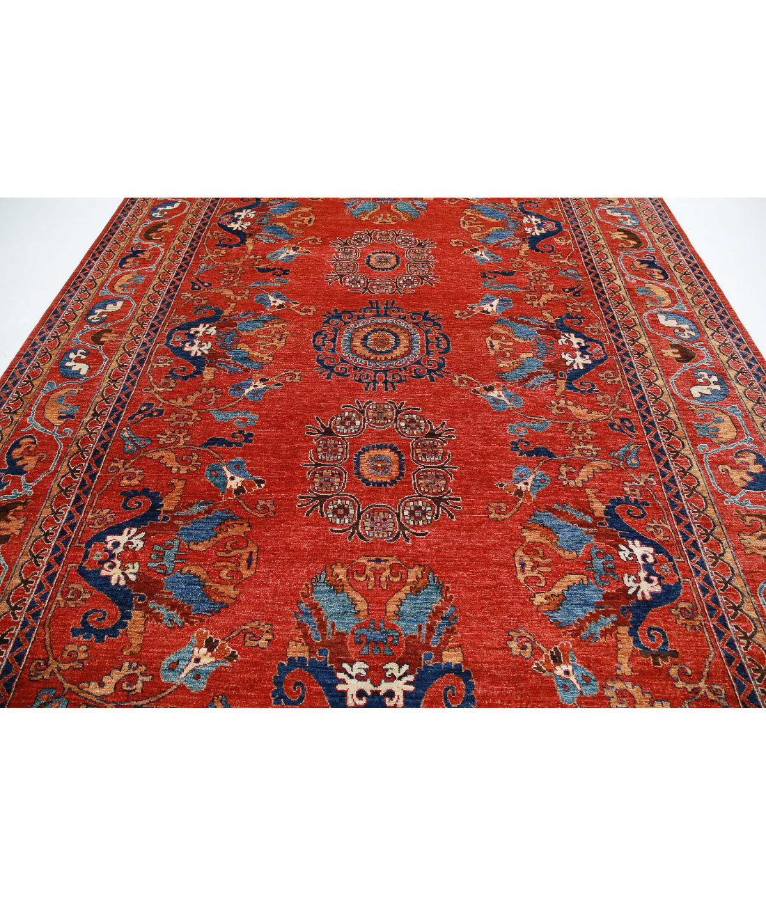 Humna 9'0'' X 11'9'' Hand-Knotted Wool Rug 9'0'' x 11'9'' (270 X 353) / Red / Blue