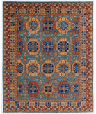Hand Knotted Nomadic Caucasian Humna Wool Rug - 7'11'' x 9'9'' 7' 11" X 9' 9" ( 241 X 297 ) / Teal / Gold