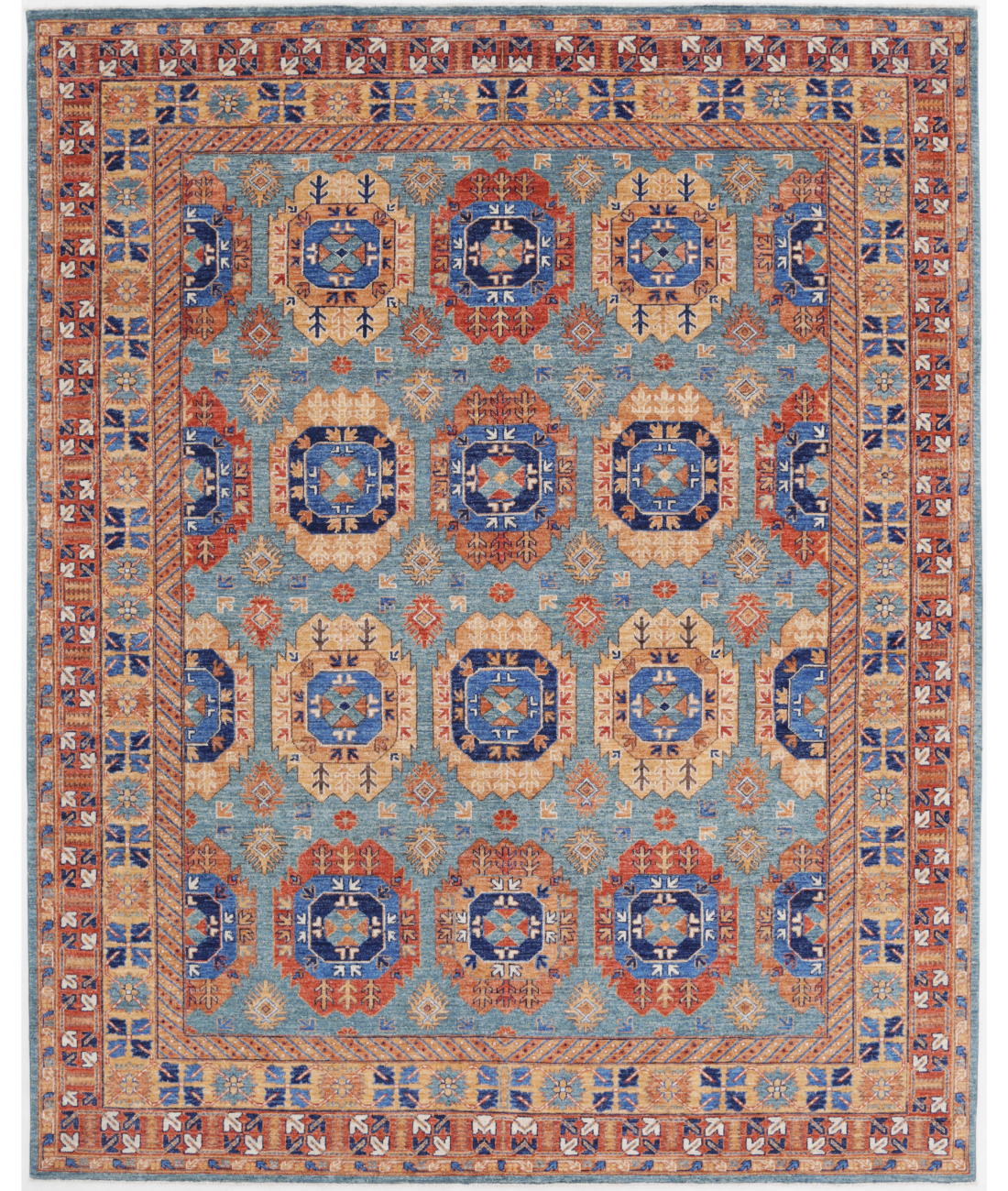 Hand Knotted Nomadic Caucasian Humna Wool Rug - 8'0'' x 9'11'' 8' 0" X 9' 11" ( 244 X 302 ) / Teal / Gold