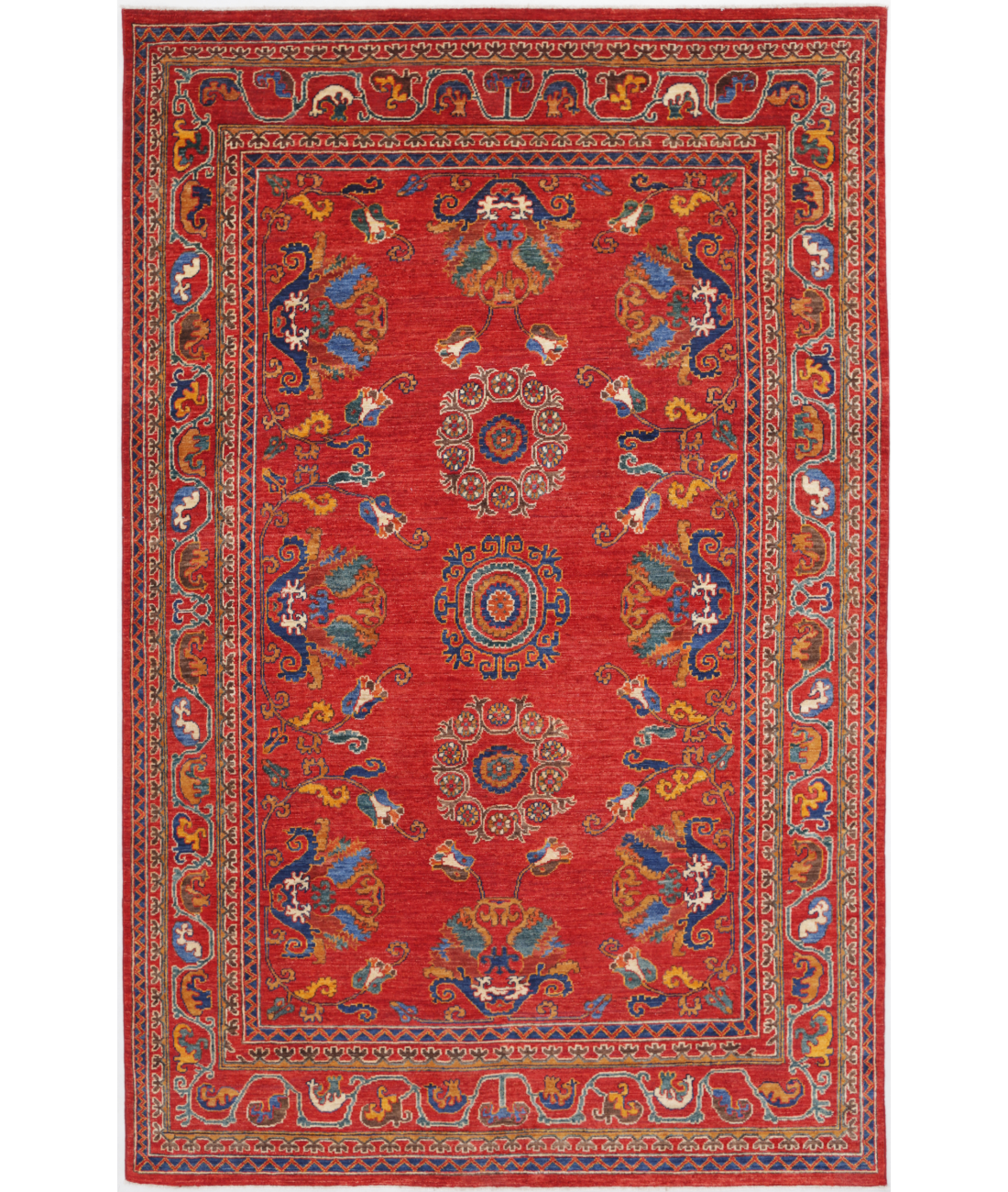 Hand Knotted Nomadic Caucasian Humna Wool Rug - 6'1'' x 9'7'' 6' 1" X 9' 7" ( 185 X 292 ) / Red / Blue