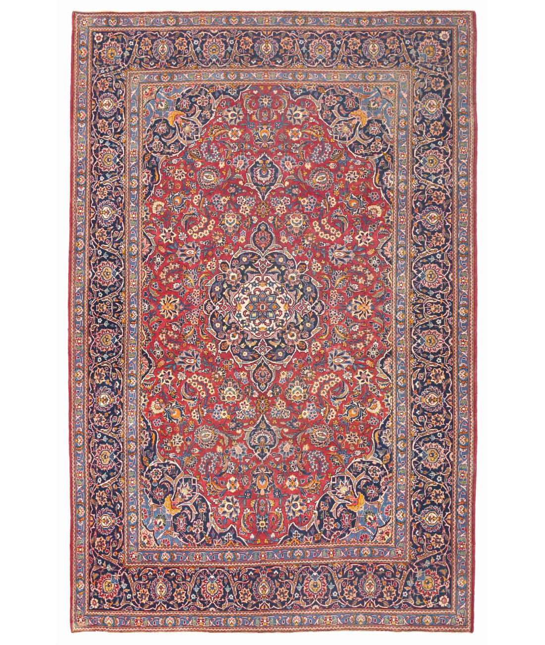 Hand Knotted Kashan Wool Rug 7' 3" X 10' 9" 7' 3" X 10' 9" (221 X 328) / Red / Blue