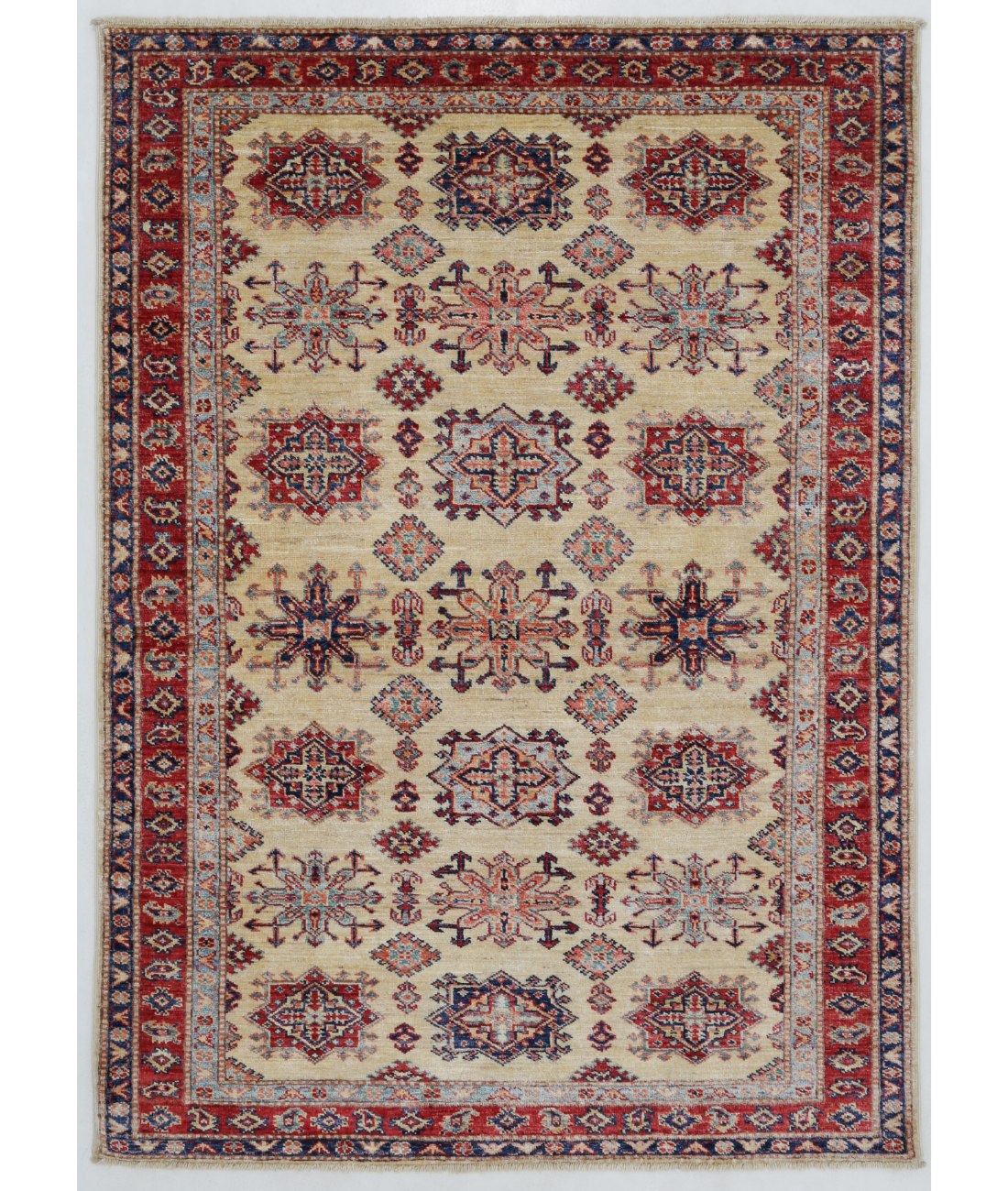 Hand Knotted Kazak Wool Rug 4' 0" X 5' 6" 4' 0" X 5' 6" (122 X 168) / Ivory / Red