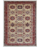 Hand Knotted Kazak Wool Rug 4' 0" X 5' 6" 4' 0" X 5' 6" (122 X 168) / Ivory / Red