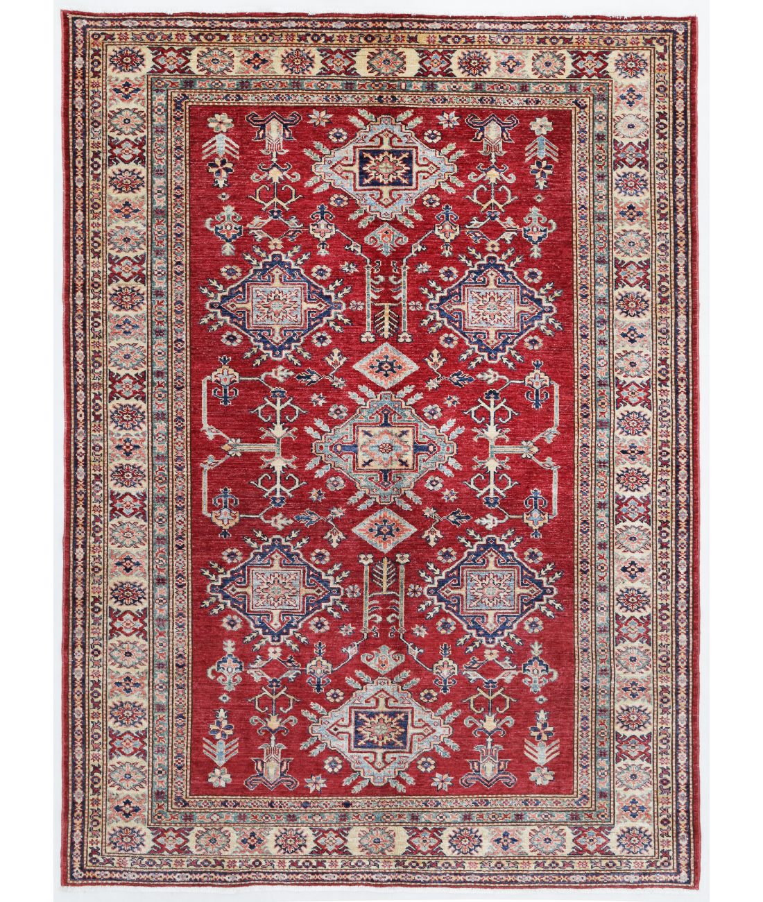 Hand Knotted Kazak Wool Rug 5' 6" X 7' 9" 5' 6" X 7' 9" (168 X 236) / Red / Ivory