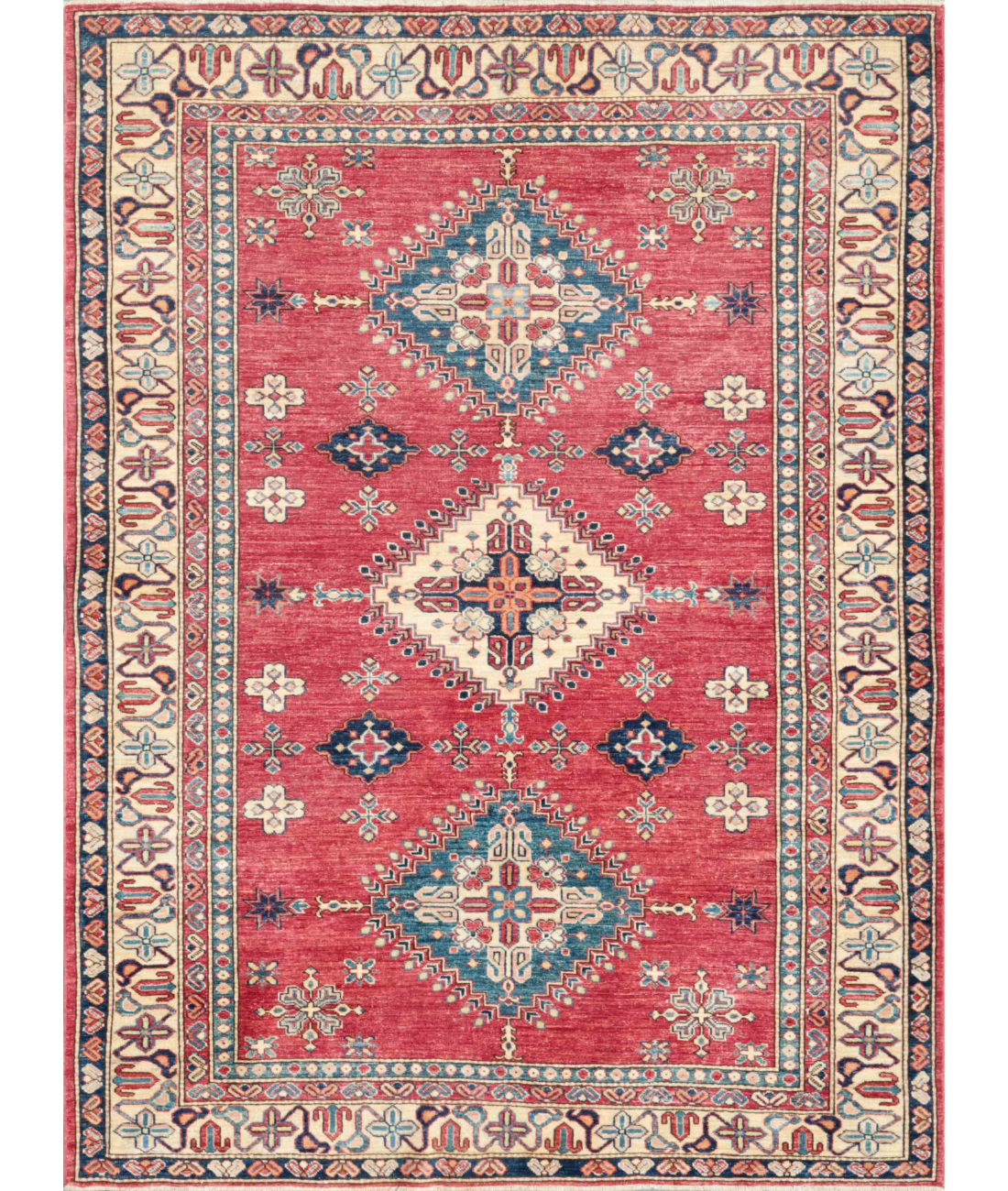 Hand Knotted Kazak Wool Rug 5' 9" X 7' 9" 5' 9" X 7' 9" (175 X 236) / Red / Ivory