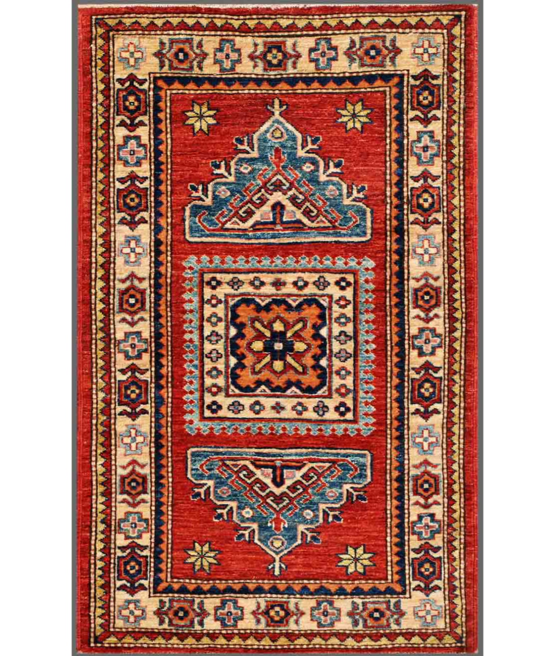 Hand Knotted Kazak Wool Rug 2' 8" X 4' 3" 2' 8" X 4' 3" (81 X 130) / Red / Ivory