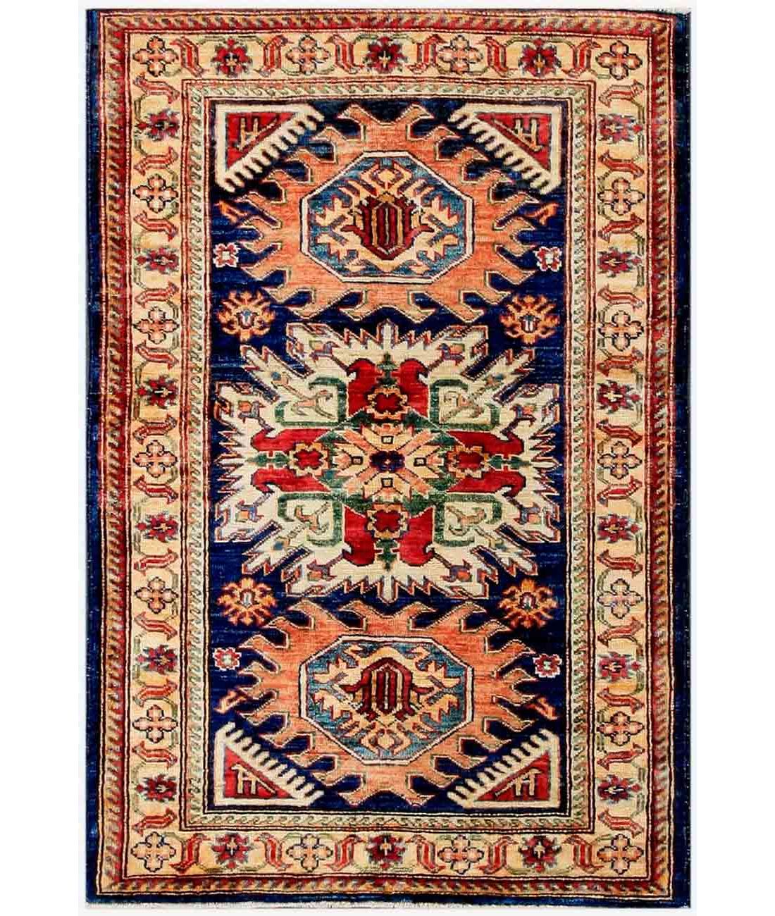 Hand Knotted Kazak Wool Rug 2' 9" X 4' 0" 2' 9" X 4' 0" (84 X 122) / Blue / Ivory