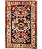 Hand Knotted Kazak Wool Rug 2' 9" X 4' 0" 2' 9" X 4' 0" (84 X 122) / Blue / Ivory