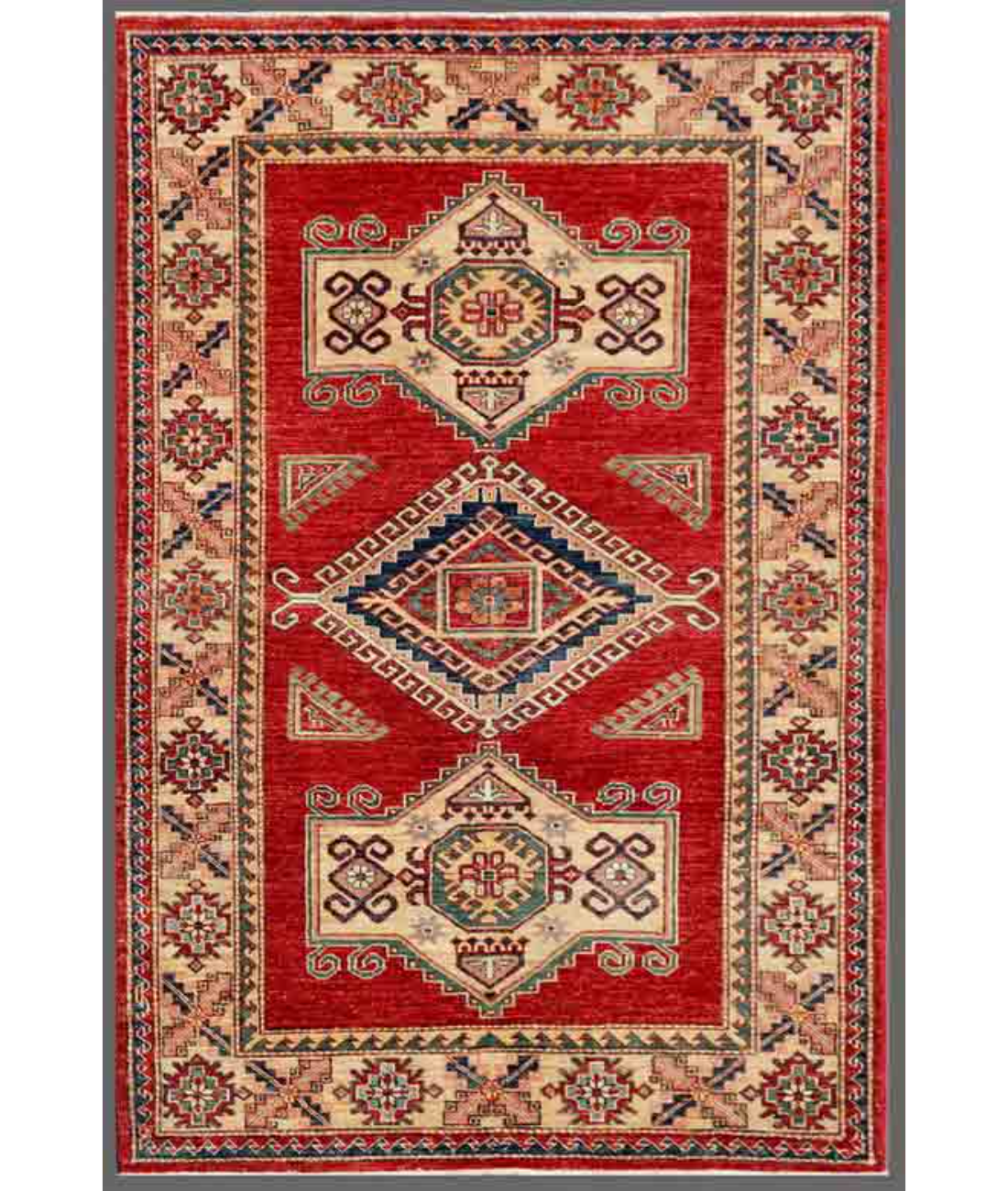 Hand Knotted Kazak Wool Rug 4' 1" X 6' 2" 4' 1" X 6' 2" (124 X 188) / Red / Ivory