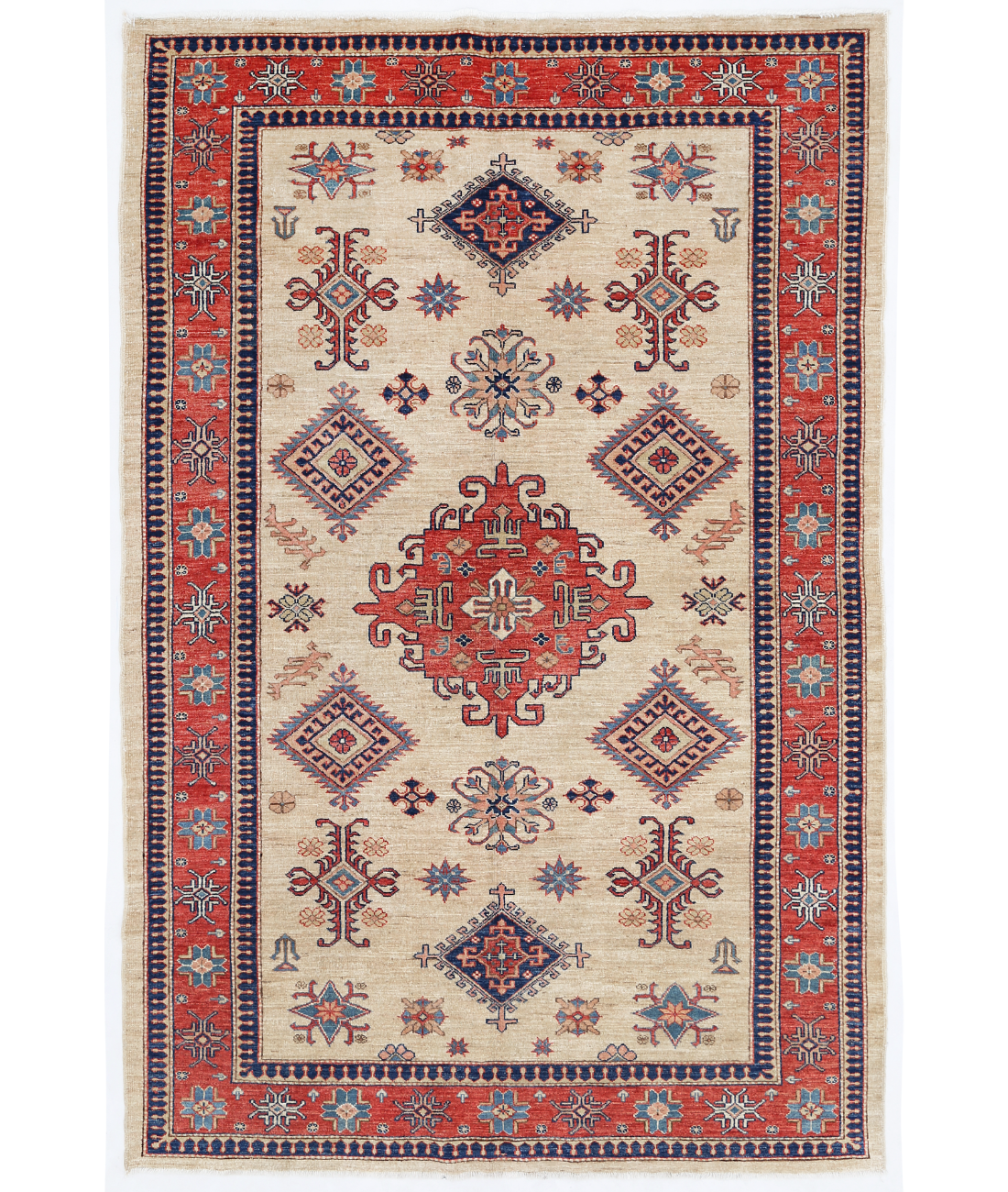 Hand Knotted Kazak Wool Rug 5' 5" X 8' 1" 5' 5" X 8' 1" (165 X 246) / Ivory / Red