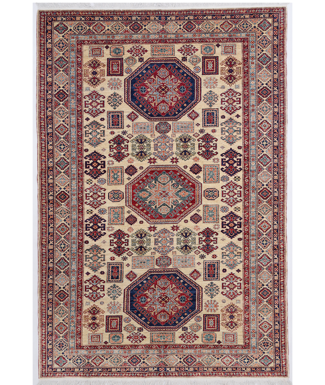 Hand Knotted Kazak Wool Rug 6' 8" X 9' 11" 6' 8" X 9' 11" (203 X 302) / Ivory / Blue