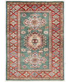 Hand Knotted Kazak Wool Rug 2' 9" X 3' 11" 2' 9" X 3' 11" (84 X 119) / Green / Red