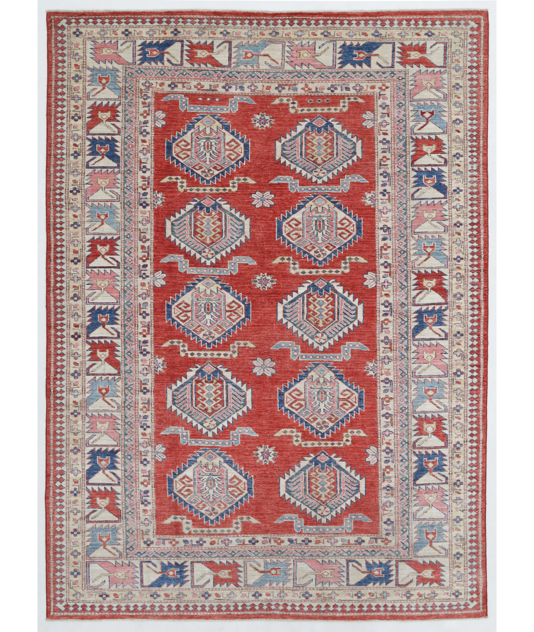 Hand Knotted Kazak Wool Rug 5' 9" X 7' 11" 5' 9" X 7' 11" (175 X 241) / Red / Ivory