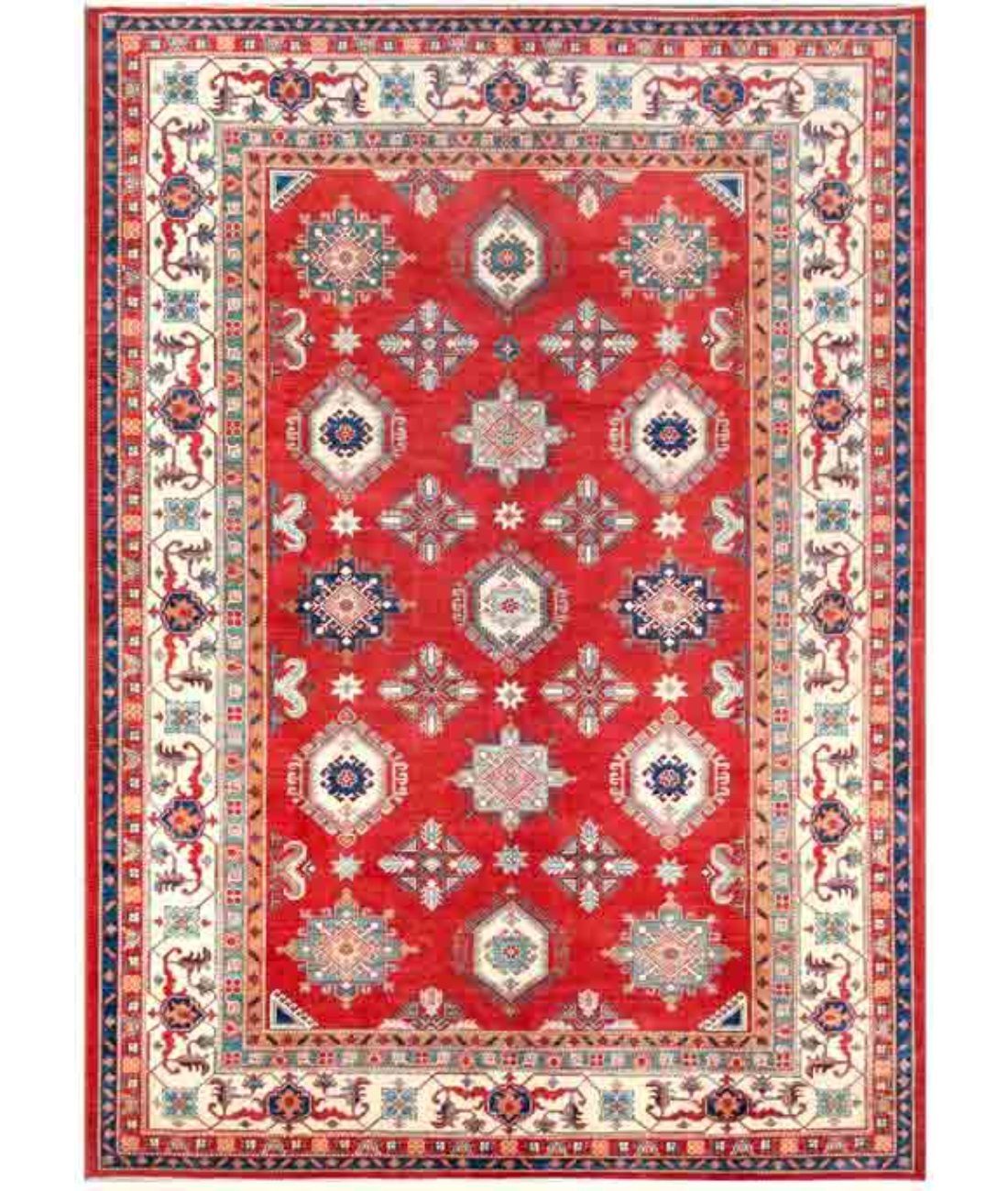 Hand Knotted Tribal Kazak Wool Rug - 10'4'' x 14'1'' 10' 4" X 14' 1" ( 315 X 429 ) / Red / Ivory