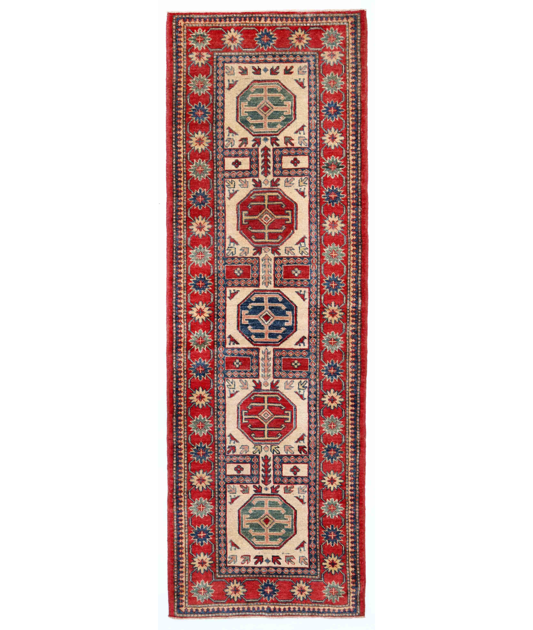 Hand Knotted Kazak Wool Rug 2' 9" X 8' 5" 2' 9" X 8' 5" (84 X 257) / Ivory / Red
