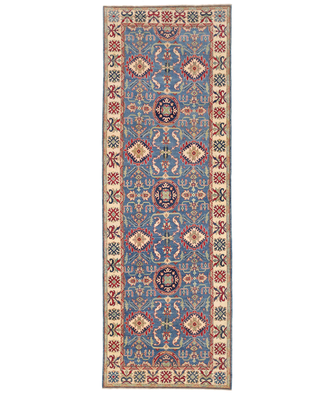 Hand Knotted Kazak Wool Rug 4' 10" X 14' 10" 4' 10" X 14' 10" (147 X 452) / Blue / Ivory