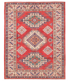 Hand Knotted Kazak Wool Rug 5' 0" X 6' 6" 5' 0" X 6' 6" (152 X 198) / Red / Ivory