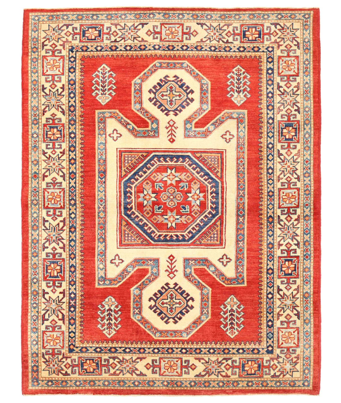 Hand Knotted Tribal Kazak Wool Rug - 5'1'' x 6'8'' 5' 1" X 6' 8" ( 155 X 203 ) / Red / Ivory