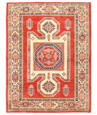 Hand Knotted Tribal Kazak Wool Rug - 5'1'' x 6'8'' 5' 1" X 6' 8" ( 155 X 203 ) / Red / Ivory