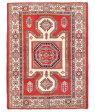 Hand Knotted Kazak Wool Rug 4' 10" X 6' 7" 4' 10" X 6' 7" (147 X 201) / Red / Ivory