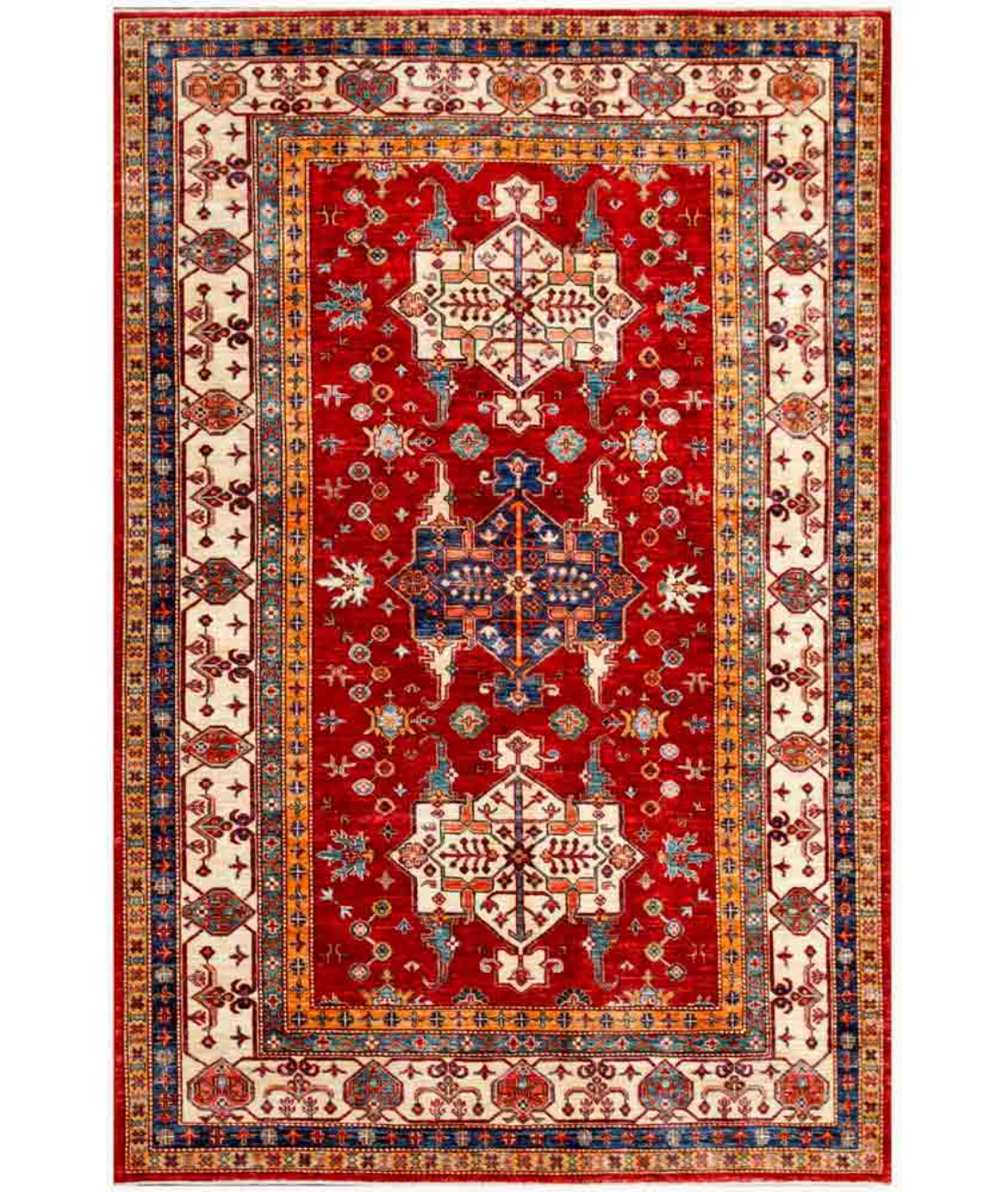 Hand Knotted Kazak Wool Rug 5' 9" X 8' 6" 5' 9" X 8' 6" (175 X 259) / Red / Ivory