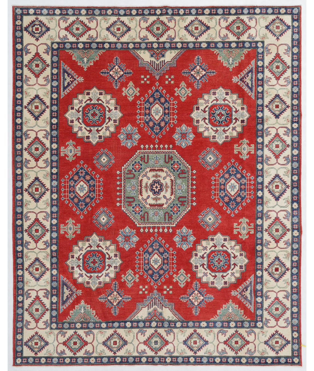 Hand Knotted Tribal Kazak Wool Rug - 8'1'' x 10'2'' 8' 1" X 10' 2" ( 246 X 310 ) / Red / Ivory